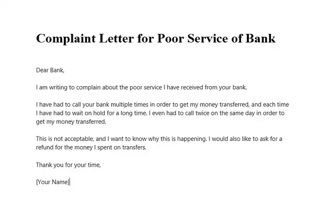 Complaint Letter for Poor Service of Bank