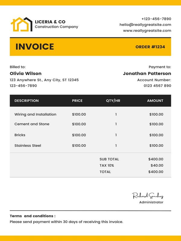 Construction Invoice Template Excel