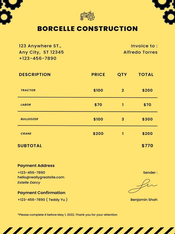 Construction Invoice Template Word