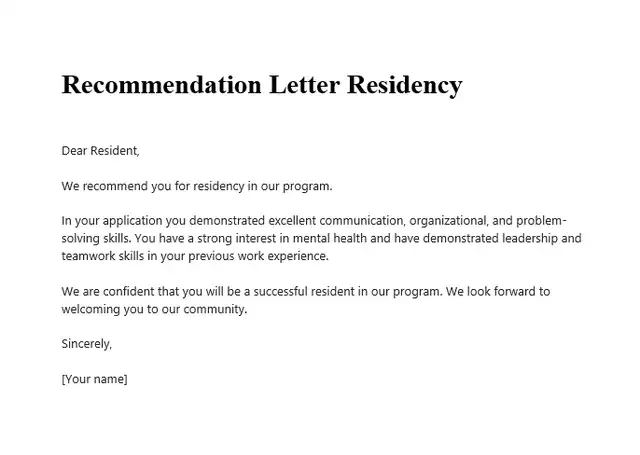 Recommendation Letter Residency